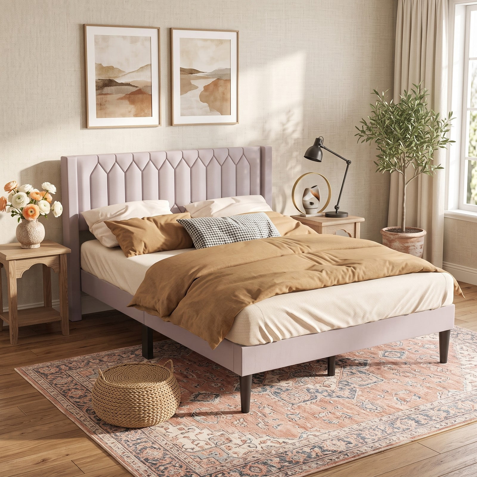 Furnibear Queen Bed Frame Velvet Upholstered Platform Bed with Wingback Headboard and Wood Slat Support, No Box Spring Needed, BeigeBeige