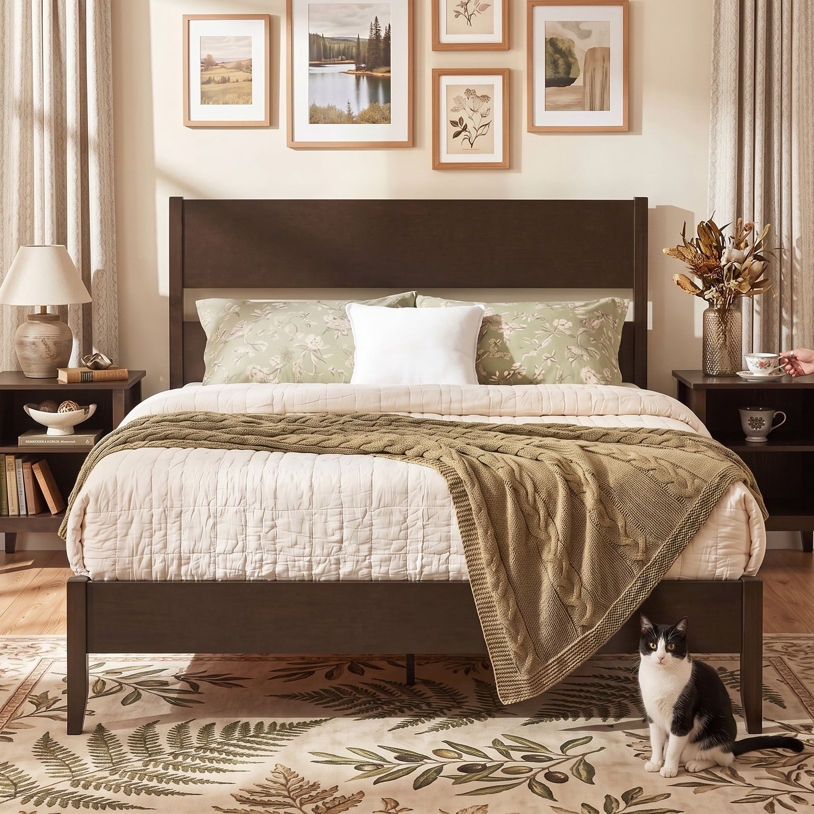 Furnibear Queen Bed Frame Wood Bed Frame with Open Slat Headboard, Queen Platform Bed Frame with Solid Wood Legs and 12 Slat Support, Dark Walnut
