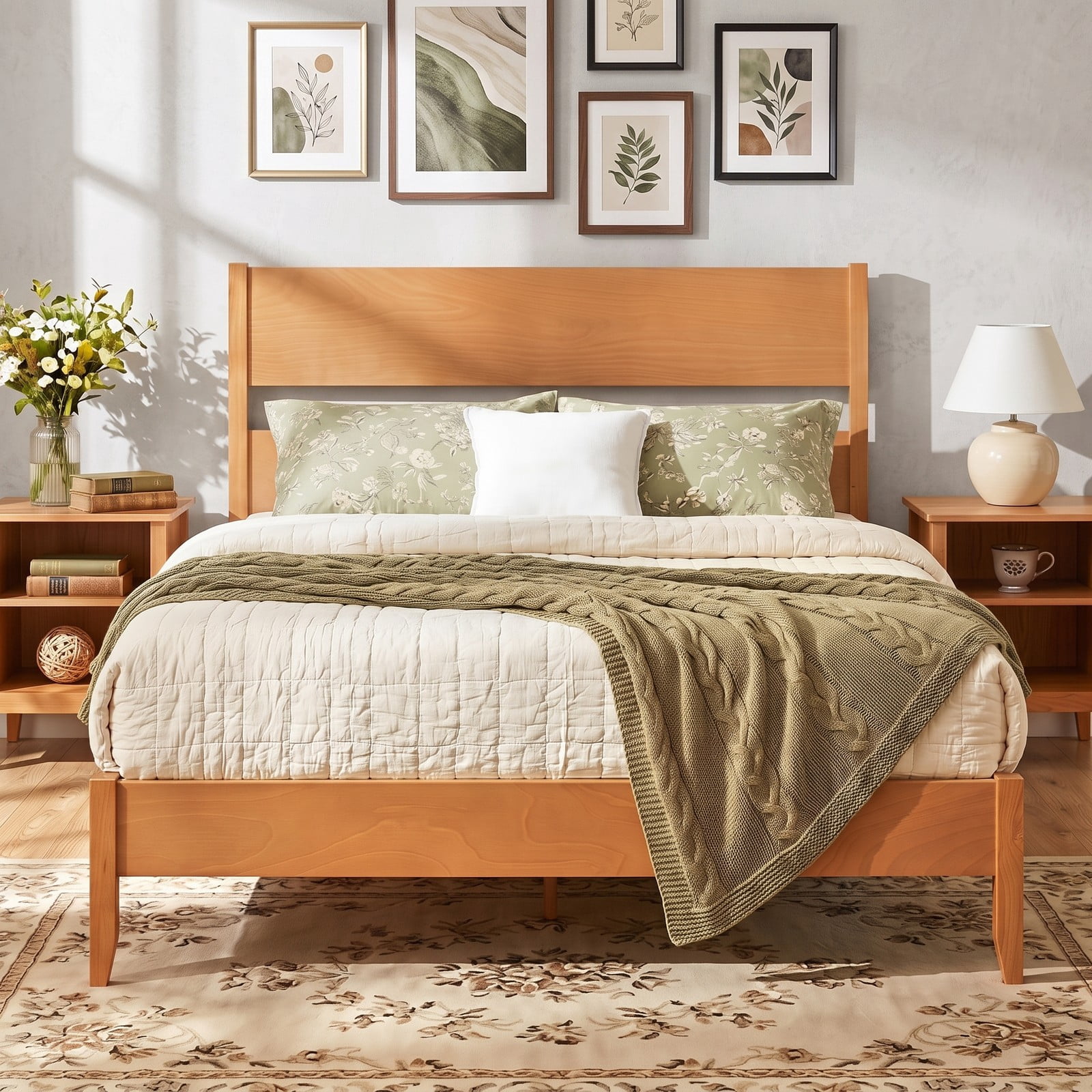 Furnibear Queen Bed Frame, Wood Platform Bed Frame with Headboard, Low Profile Queen Size Bed Frame with 12 Slat Support for Bedroom, Warm Brown