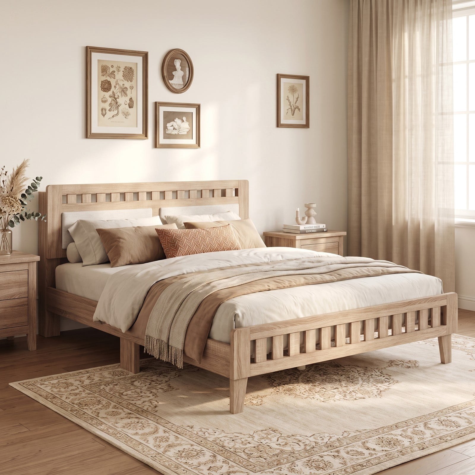 Furnibear Queen Bed Frame Wood Platform Bed with Upholstered Fabric Headboard and 12 Plywood Slat Support, Rustic Oak