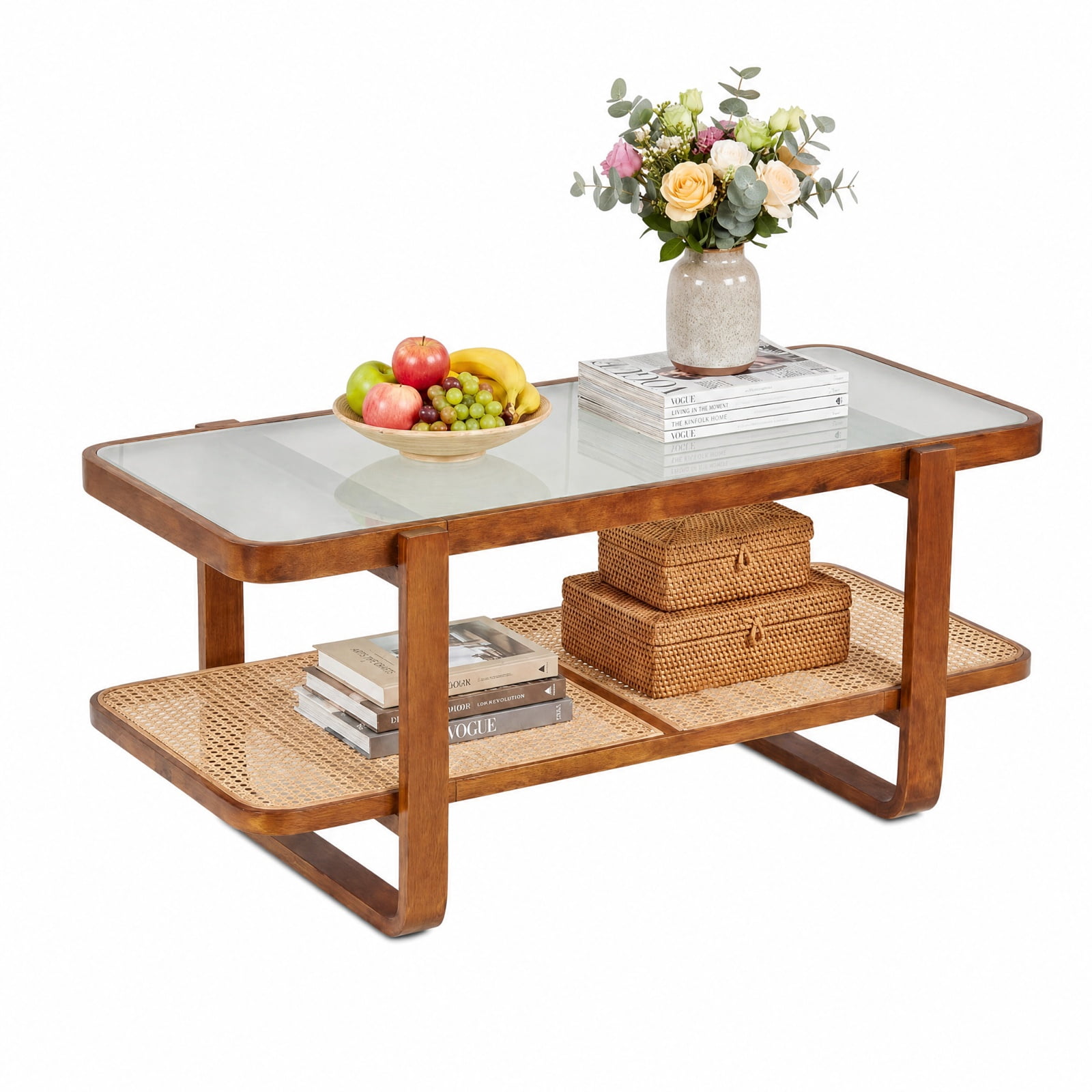 Furnibear Rattan Coffee Table with Frosted Tempered Glass Top and Storage Shelf for Living Room 2 Tier Center Table, Walnut