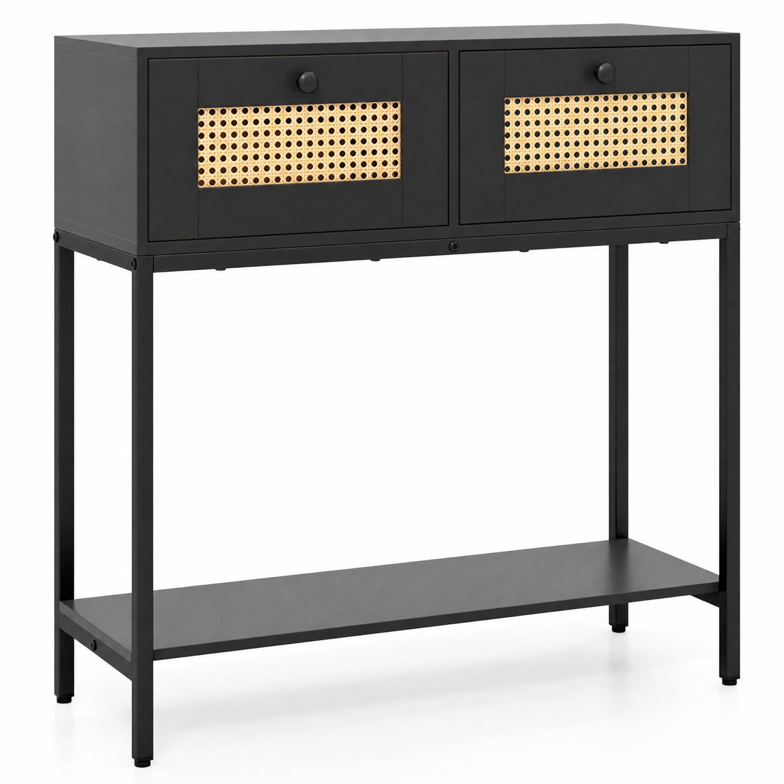 Furnibear Rattan Console Table Boho Entryway Table with 2 Rattan Drawers and Open Storage Shelf for Hallway Living Room, Black