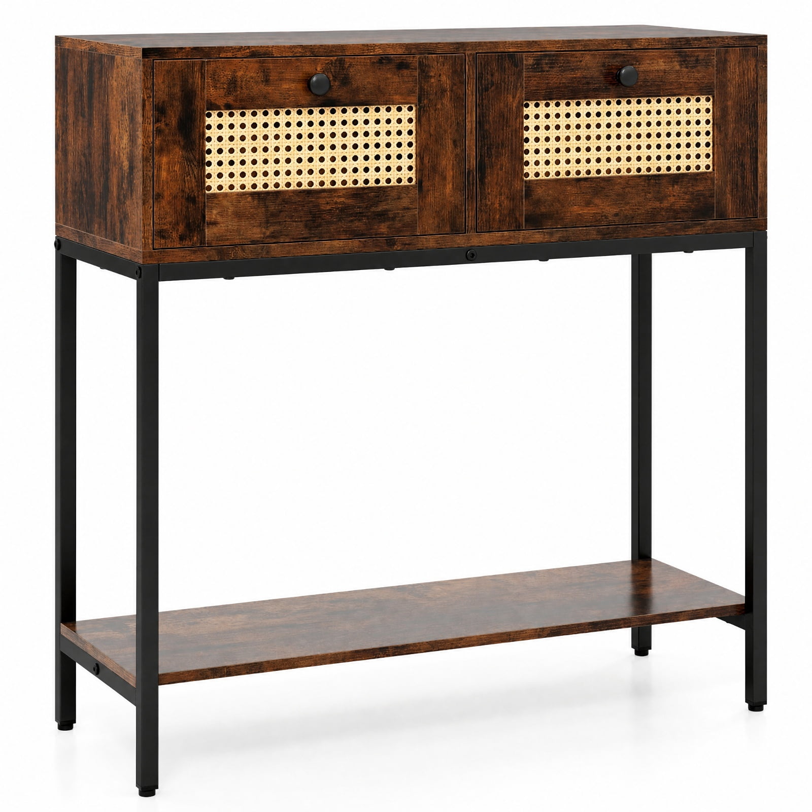 Furnibear Rattan Console Table Boho Entryway Table with 2 Rattan Drawers and Open Storage Shelf for Hallway Living Room, Rustic Brown