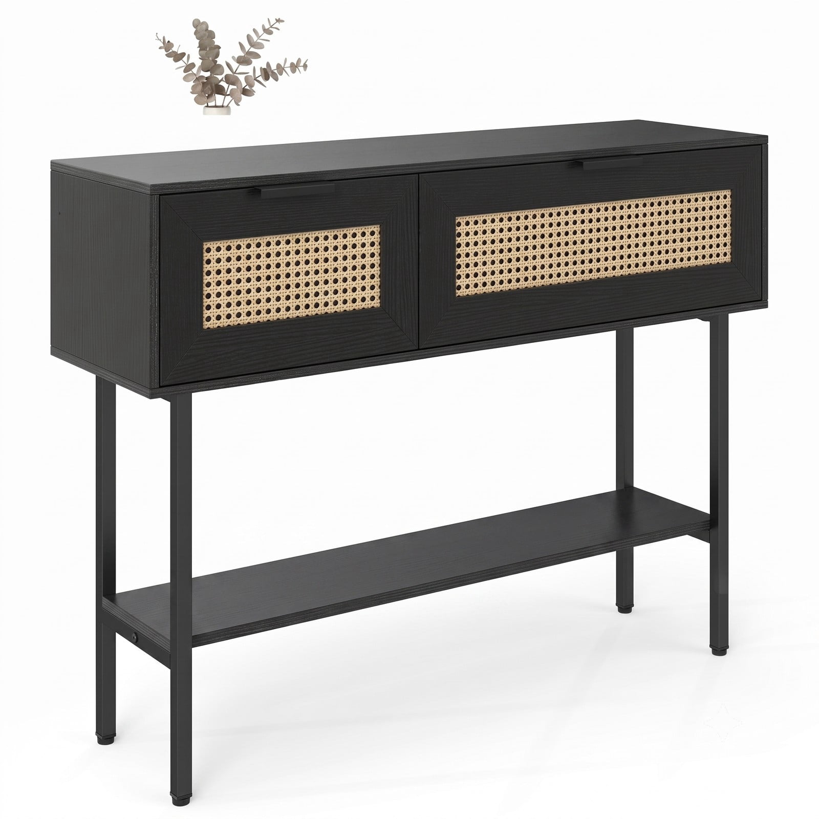 Furnibear Rattan Console Table with 2 Storage Drawers and Open Shelf and Carbon Steel Frame for Entryway and Hallway, Black
