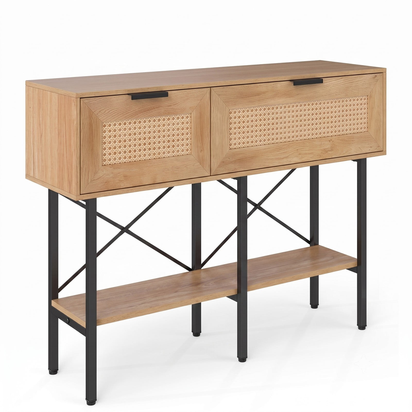 Furnibear Rattan Console Table with 2 Storage Drawers and Open Shelf and Carbon Steel Frame for Entryway and Hallway, Natural