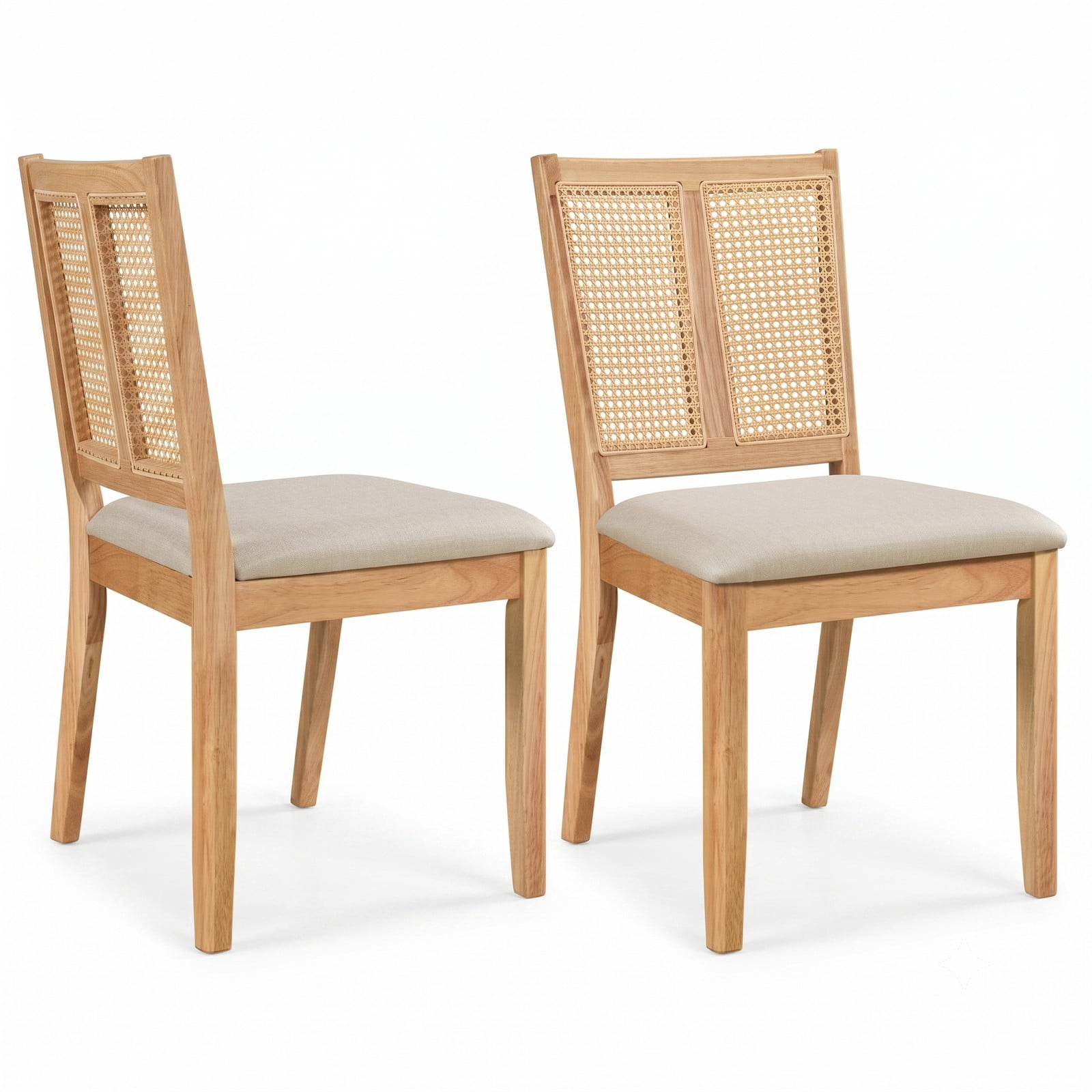 Furnibear Rattan Dining Chairs Set of 2, Upholstered Kitchen Chairs with Curved Backrest, Woven PVC Rattan Back and Padded Fabric Seat for Dining Room, Rubber, Natural