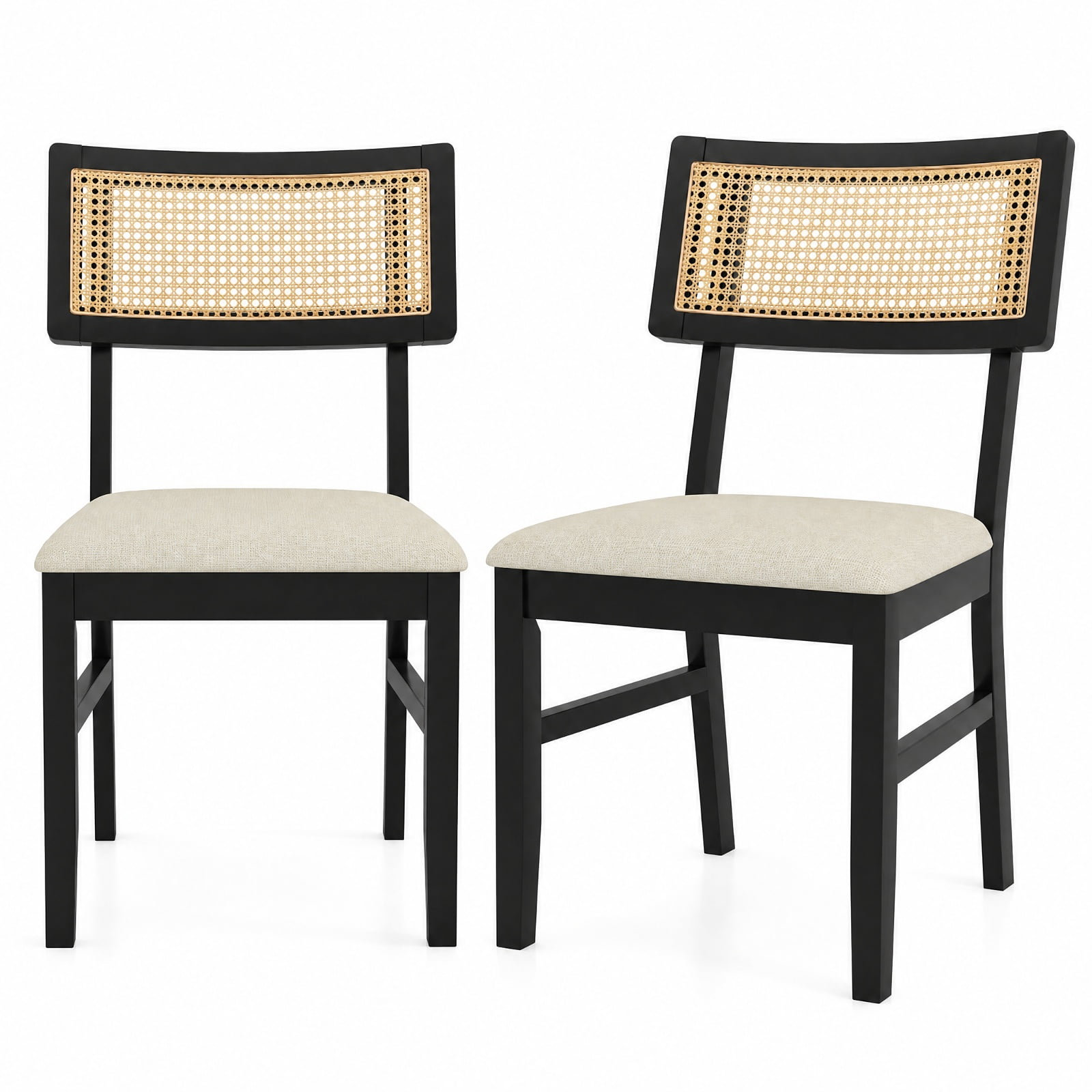 Furnibear Rattan Dining Chairs Set of 2 Fabric Upholstered Kitchen Chairs with Padded Seat and Rubber Wood Legs for Kitchen Dining Room Living, Black