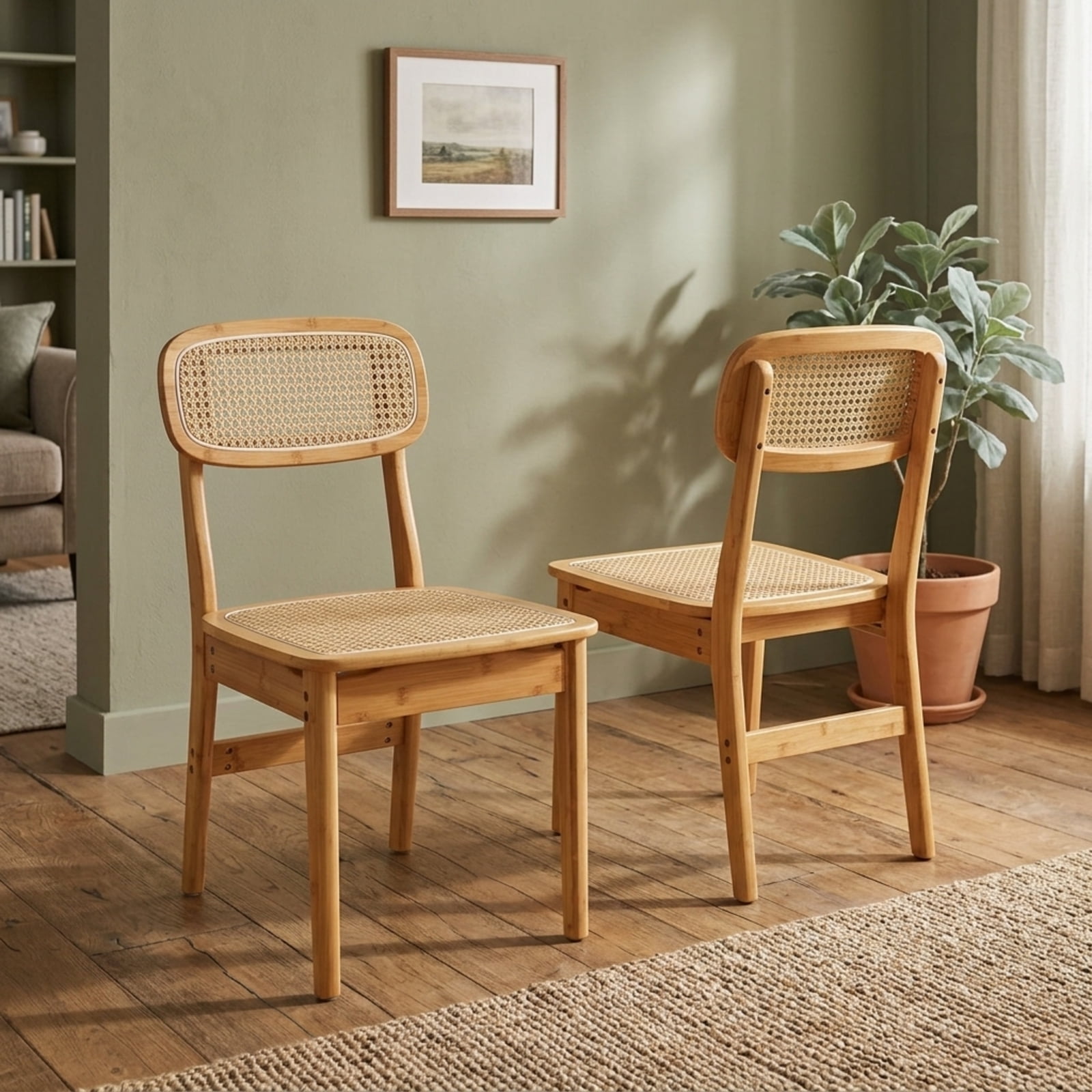 Furnibear Rattan Dining Chairs Set of 2 with Hollow Out Backrest and Wooden Legs Natural