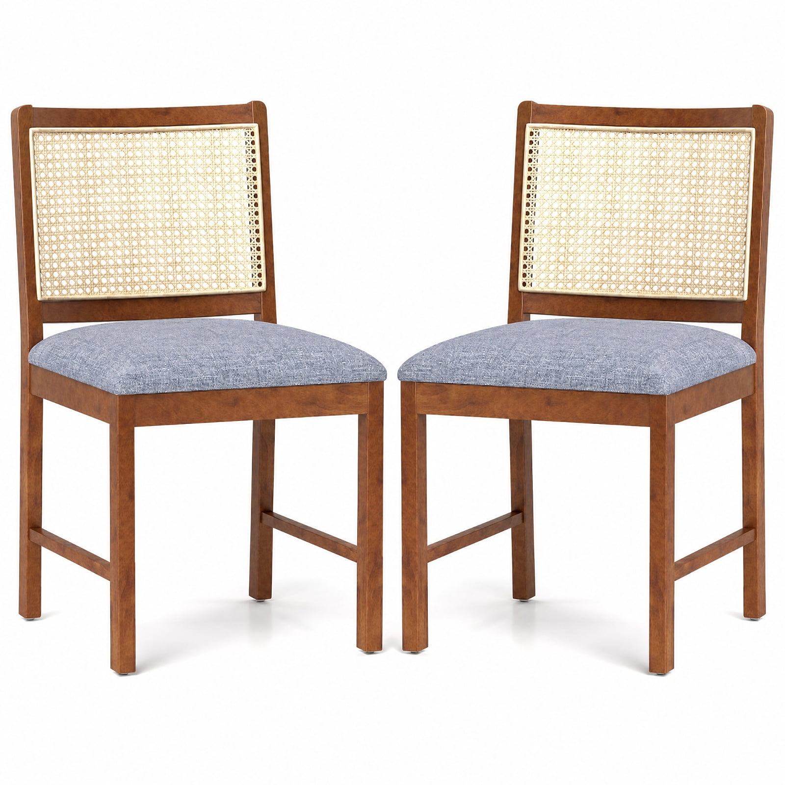 Furnibear Rattan Dining Chairs Set of 2 with Rubber Wood Frame and Linen Fabric Padded Seat for Kitchen and Dining Room, Walnut