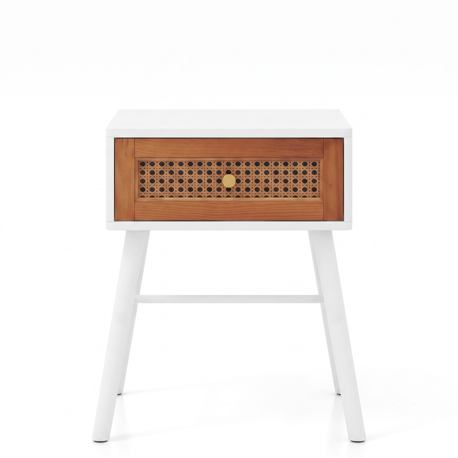 Furnibear Rattan Nightstand Mid Century Modern Accent Bedside Table with Drawer and Wood Legs for Bedroom and Living Room, White