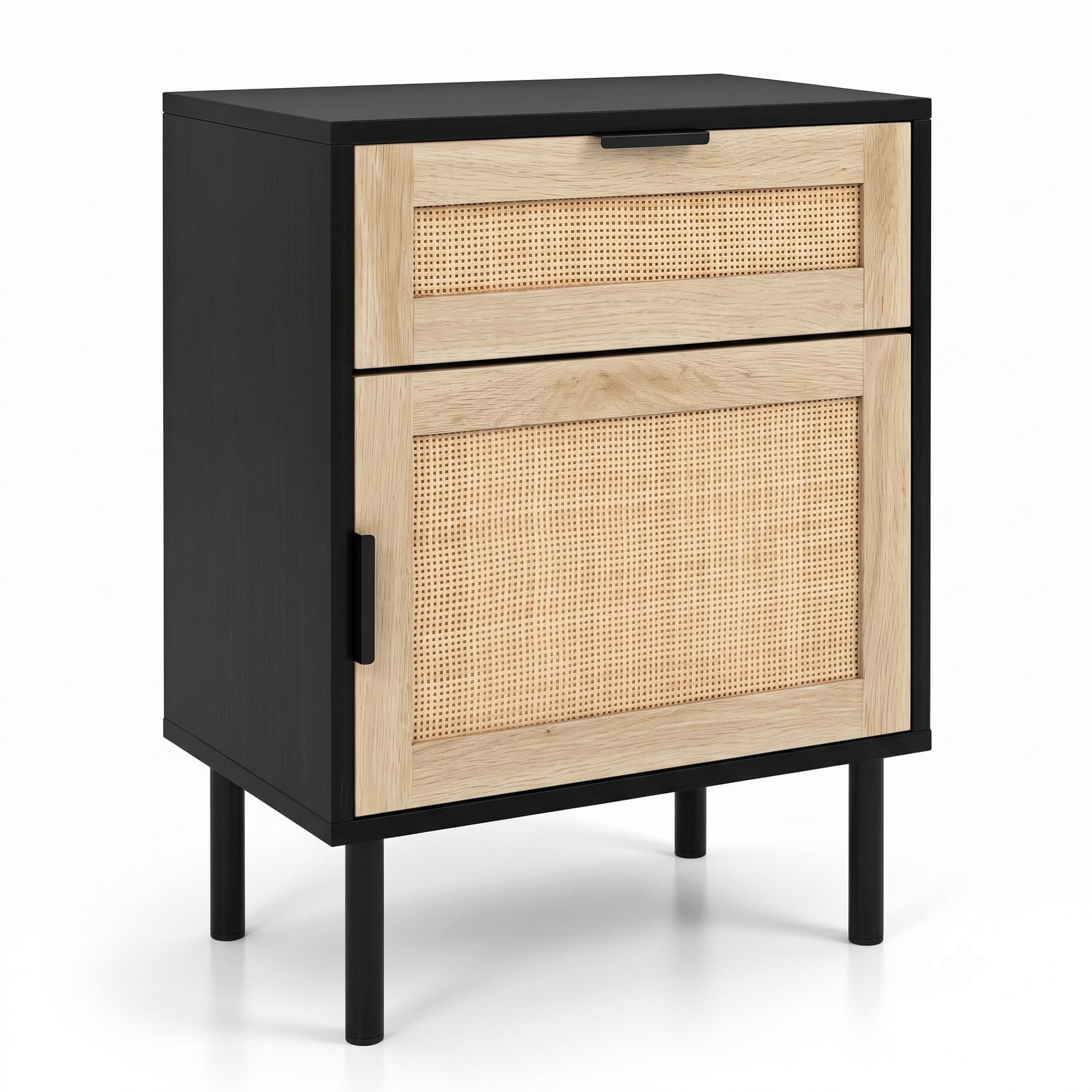 Furnibear Rattan Nightstand Set of 2 with Drawer and Cabinet for Bedside Storage in the Bedroom and Living Room, Black and Natural