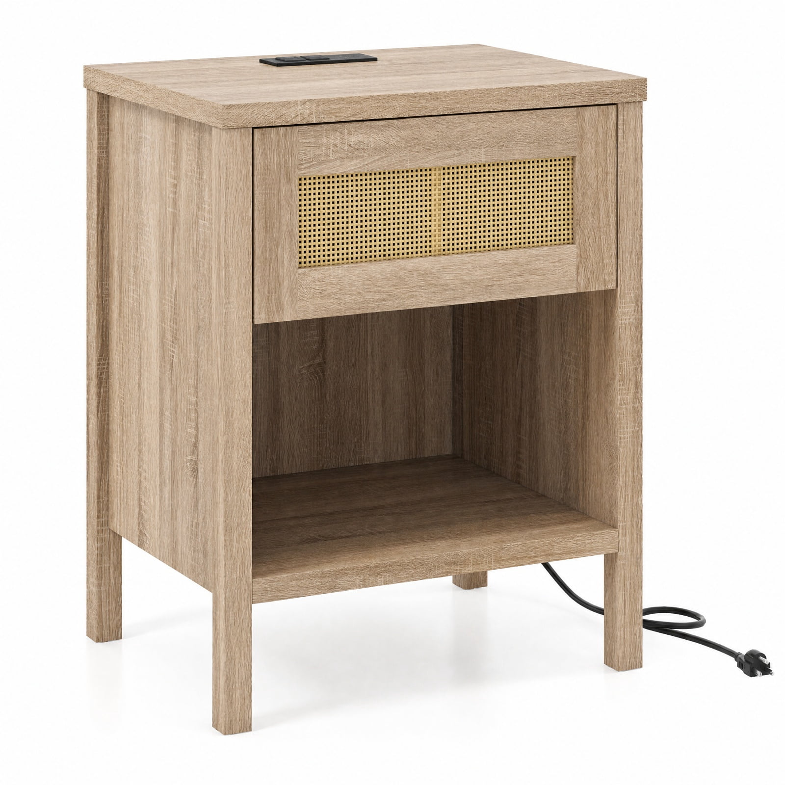 Furnibear Rattan Nightstand with Charging Station and Storage Shelf for Bedroom for Bedroom Living Room Bedside Sofa Side Small Space, Oak