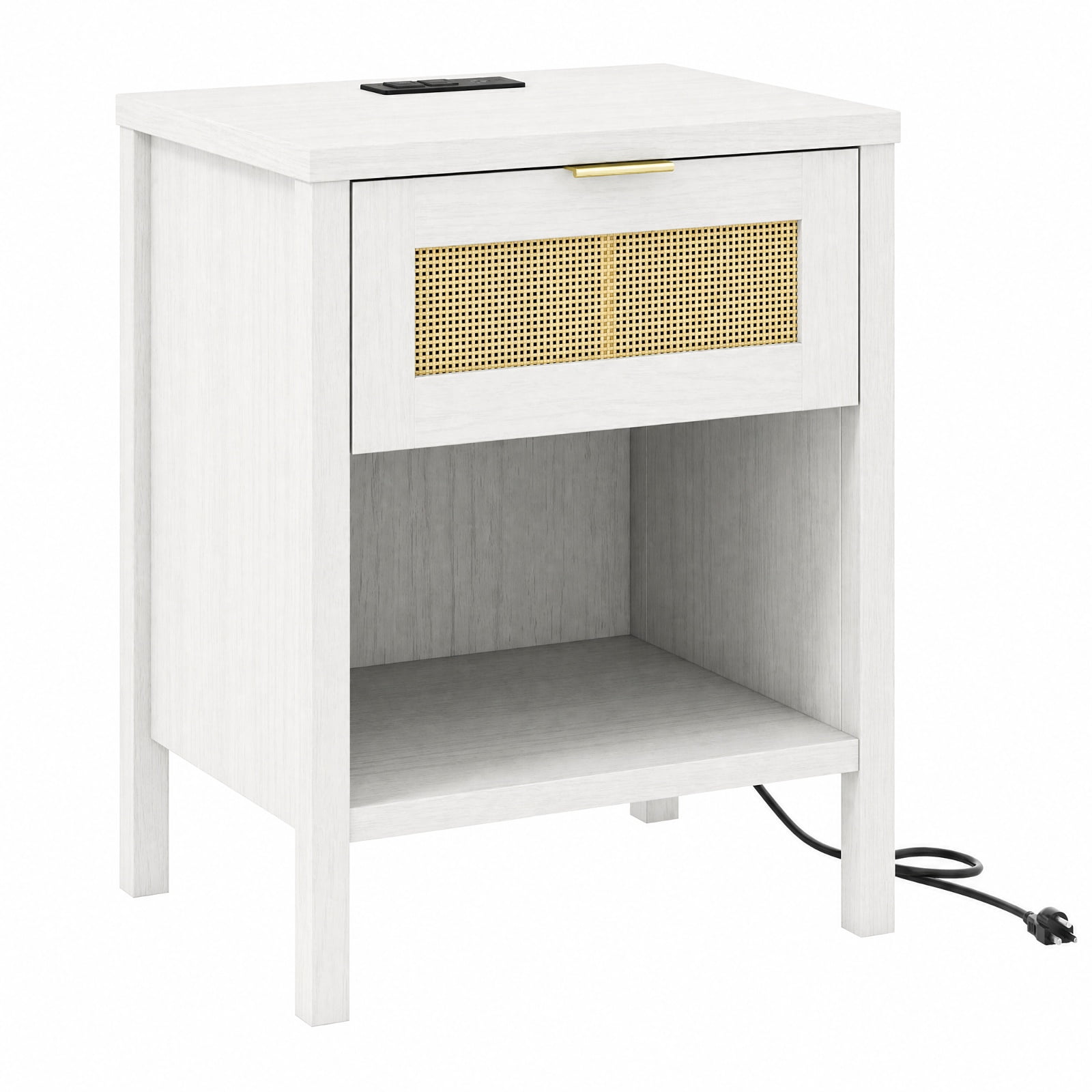 Furnibear Rattan Nightstand with Charging Station and Storage Shelf for Bedroom for Bedroom Living Room Bedside Sofa Side Small Space, White