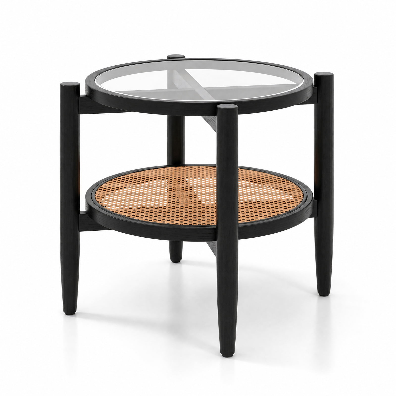 Furnibear Rattan Round Side End Table with Tempered Glass Tabletop and 2 Tier Acacia Wood Legs for Living Room Bedroom and Sofa Side, Black