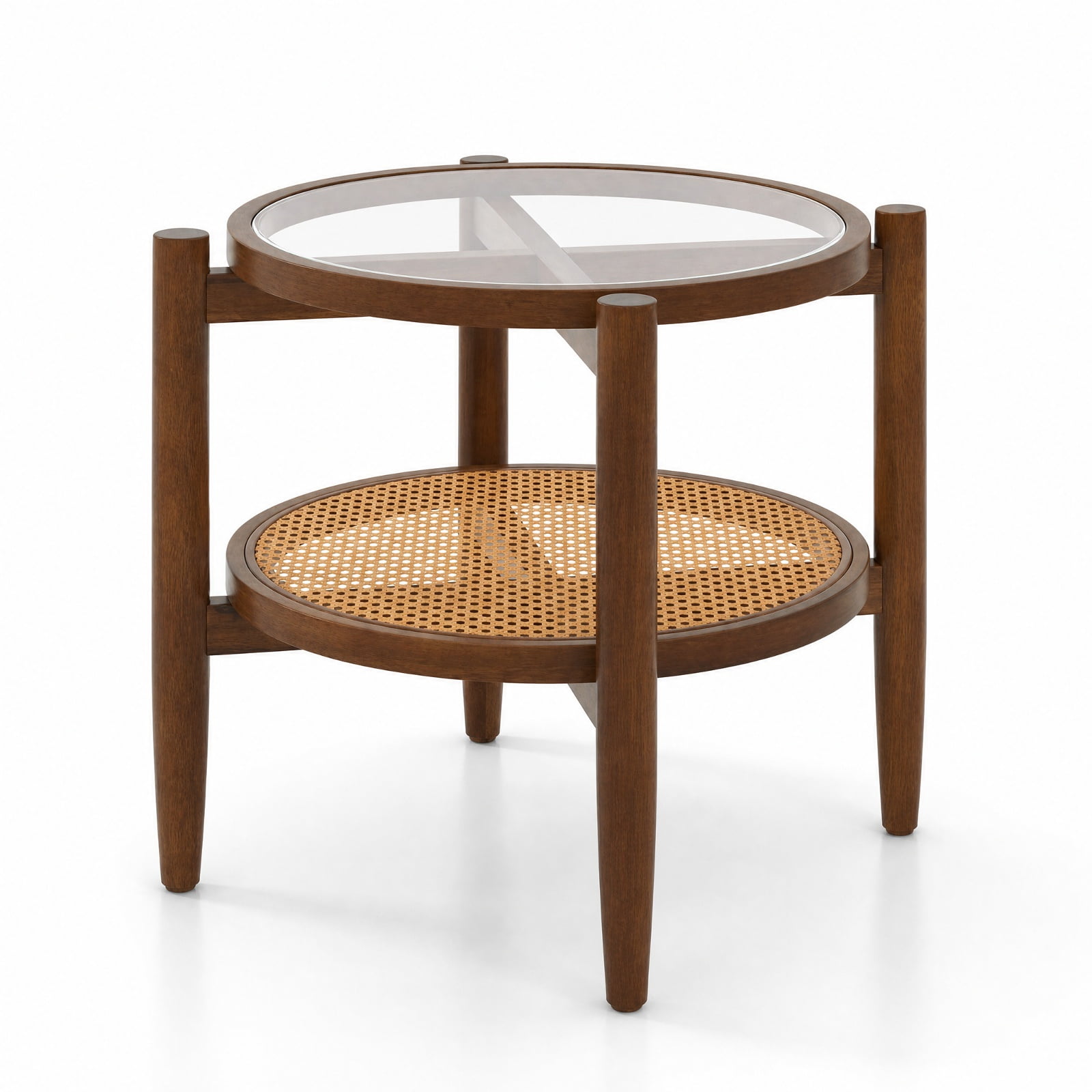 Furnibear Rattan Round Side End Table with Tempered Glass Tabletop and 2 Tier Acacia Wood Legs for Living Room Bedroom and Sofa Side, Walnut