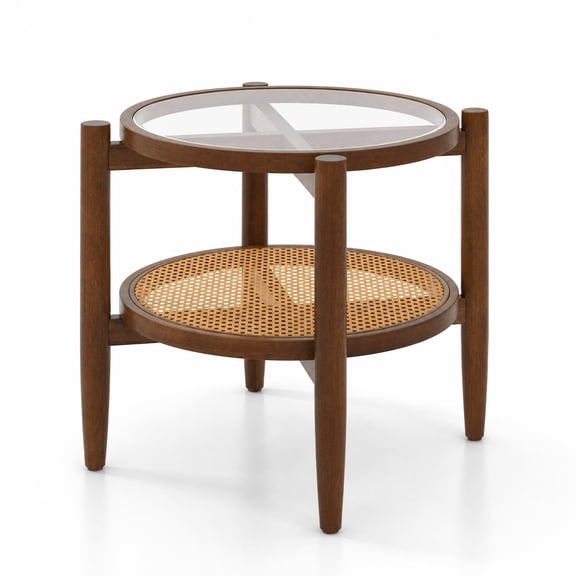 Furnibear Rattan Round Side End Table with Tempered Glass Tabletop and 2 Tier Acacia Wood Legs for Living Room Bedroom and Sofa Side, Walnut