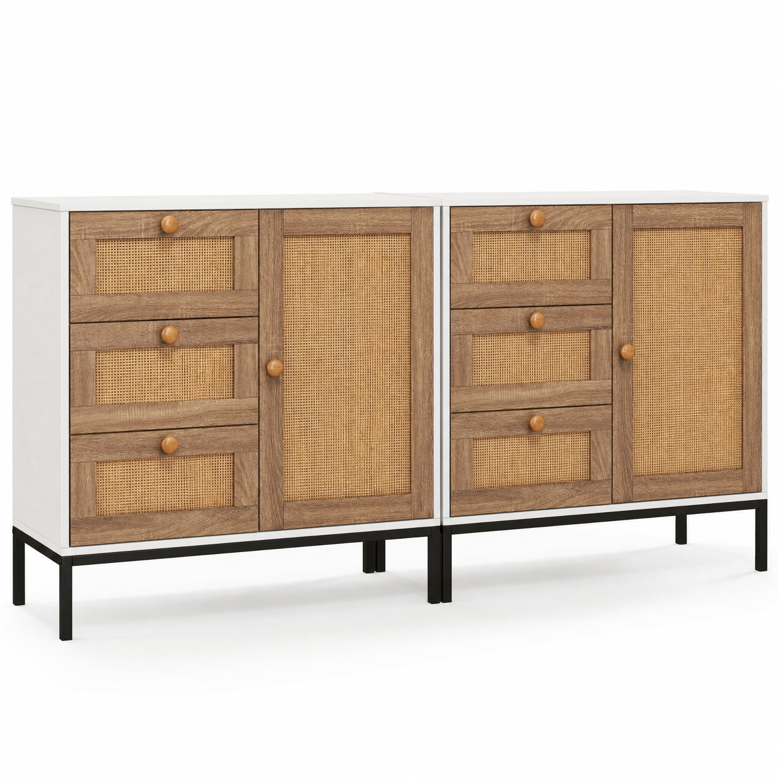 Furnibear Rattan Sideboard Buffet Cabinet with 1 Door and 3 Drawers for Kitchen Dining Living Room Buffet Storage Server, White