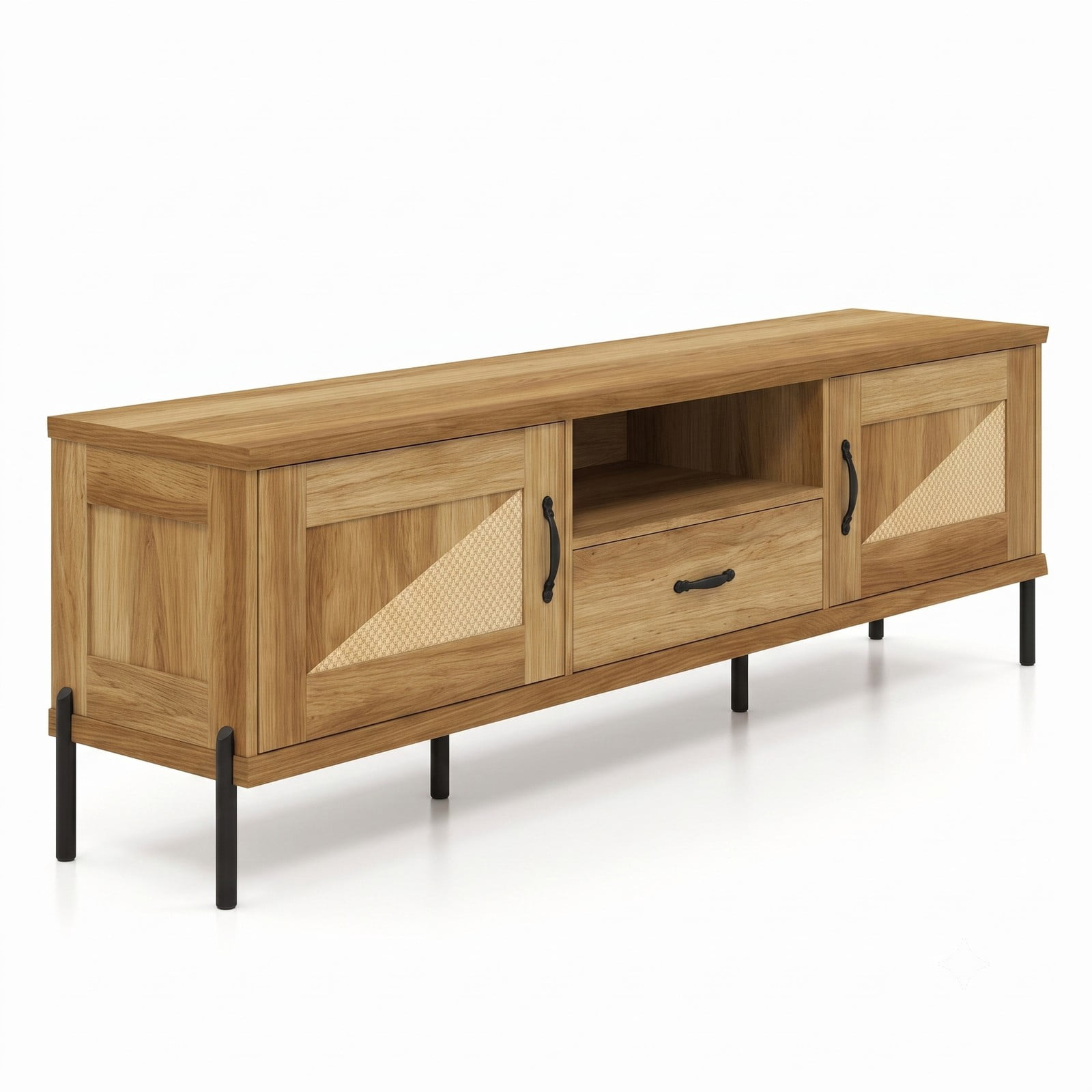 Furnibear Rattan TV Stand for TVs up to 80 Inches, Mid Century Modern Media Console Table with 2 Storage Cabinets, Adjustable Shelves and Open Compartment for, Natural