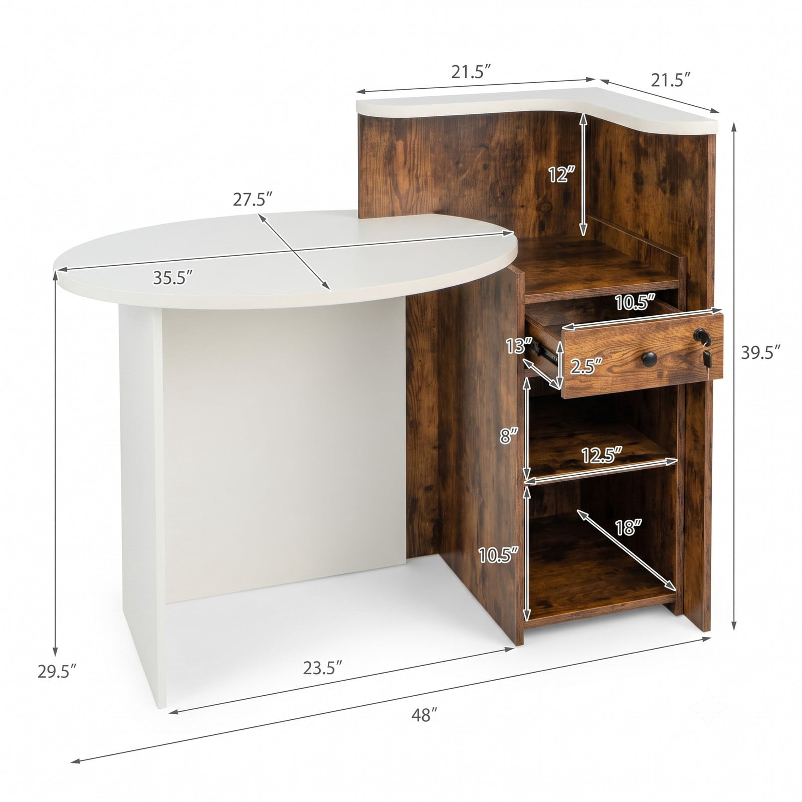 Furnibear Reception Office Desk, L-Shaped Front Desk Reception Counter with Lockable Drawer, Adjustable Open Shelf and Bottom Storage for Office, Rustic Brown & White