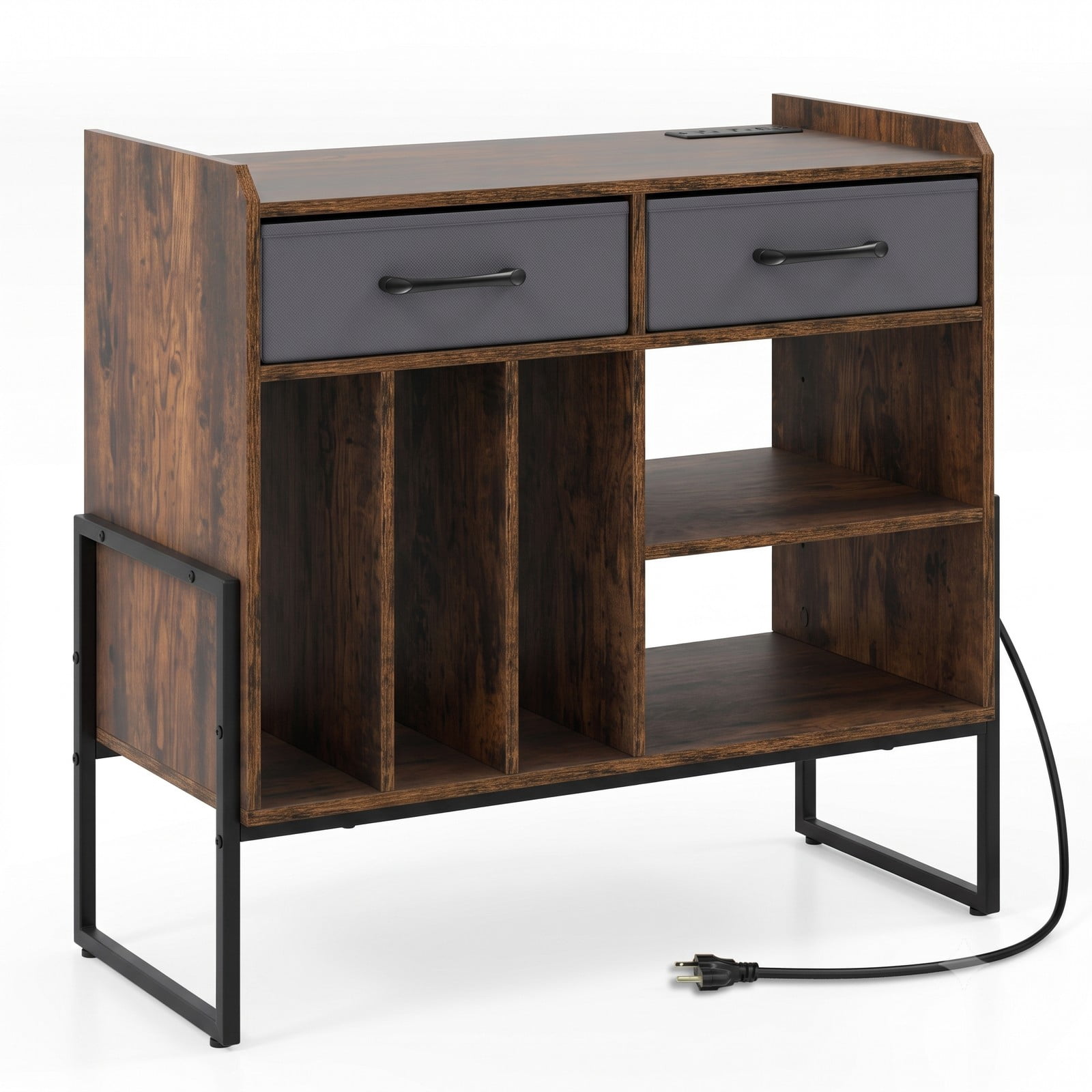 Furnibear Record Player Stand with Charging Station, Mid Century Modern Vinyl Storage Cabinet with USB and Type-C Ports, 2 Fabric Drawers and Adjustable, Rustic Brown