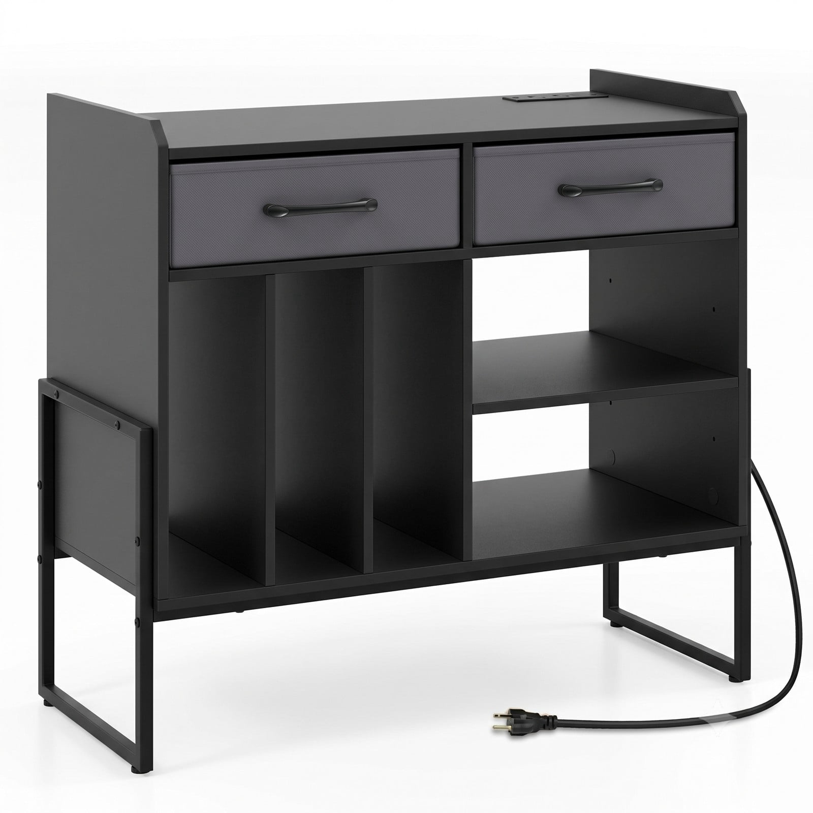 Furnibear Record Player Stand with Charging Station, Mid Century Modern Vinyl Storage Cabinet with USB and Type-C Ports, 2 Fabric Drawers and Adjustable Shelf, Black