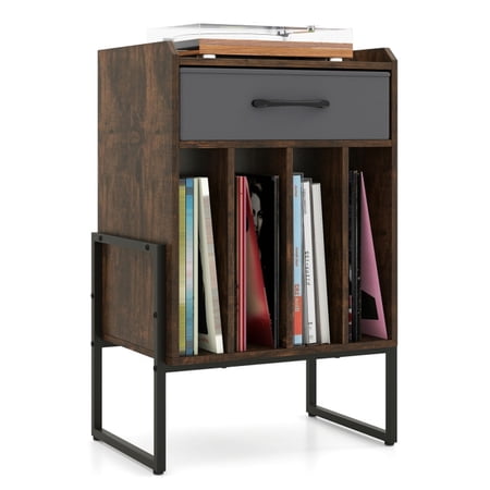 Furnibear Record Player Stand with Vinyl Storage & Drawer, Mid-Century Modern Turntable Console Table, Wood Audio Stand for LPs, Amplifier, Speakers