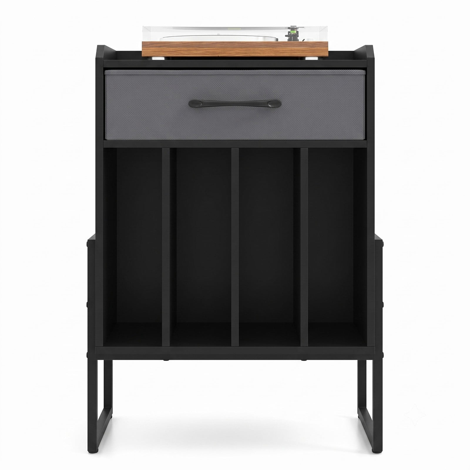 Furnibear Record Player Stand with Storage Drawer and Vinyl Record Holder, Turntable Table with Metal Frame and Wide Top for Living Room Music Room Study, Black