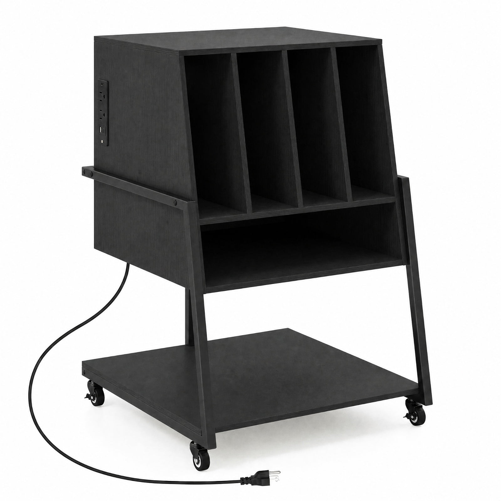 Furnibear Record Player Stand on Wheels Rolling Turntable Stand with Power Outlets USB Type-C Ports and Record Storage, Black