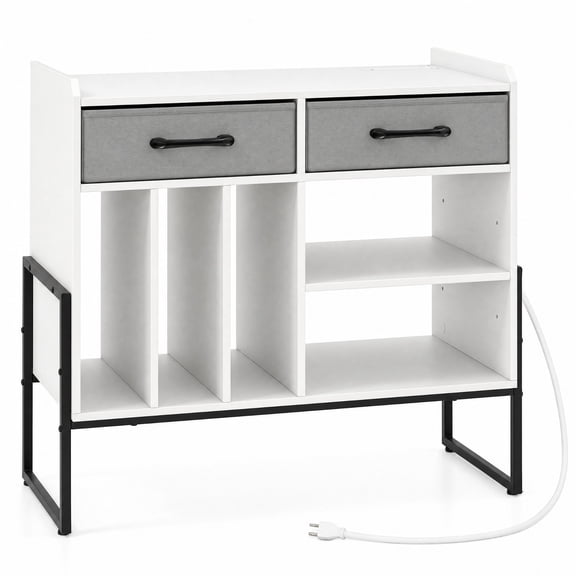 Furnibear Record Player Stand with Charging Station Drawers and Adjustable Shelf Mid Century Vinyl Storage Media Console for Living Room, White