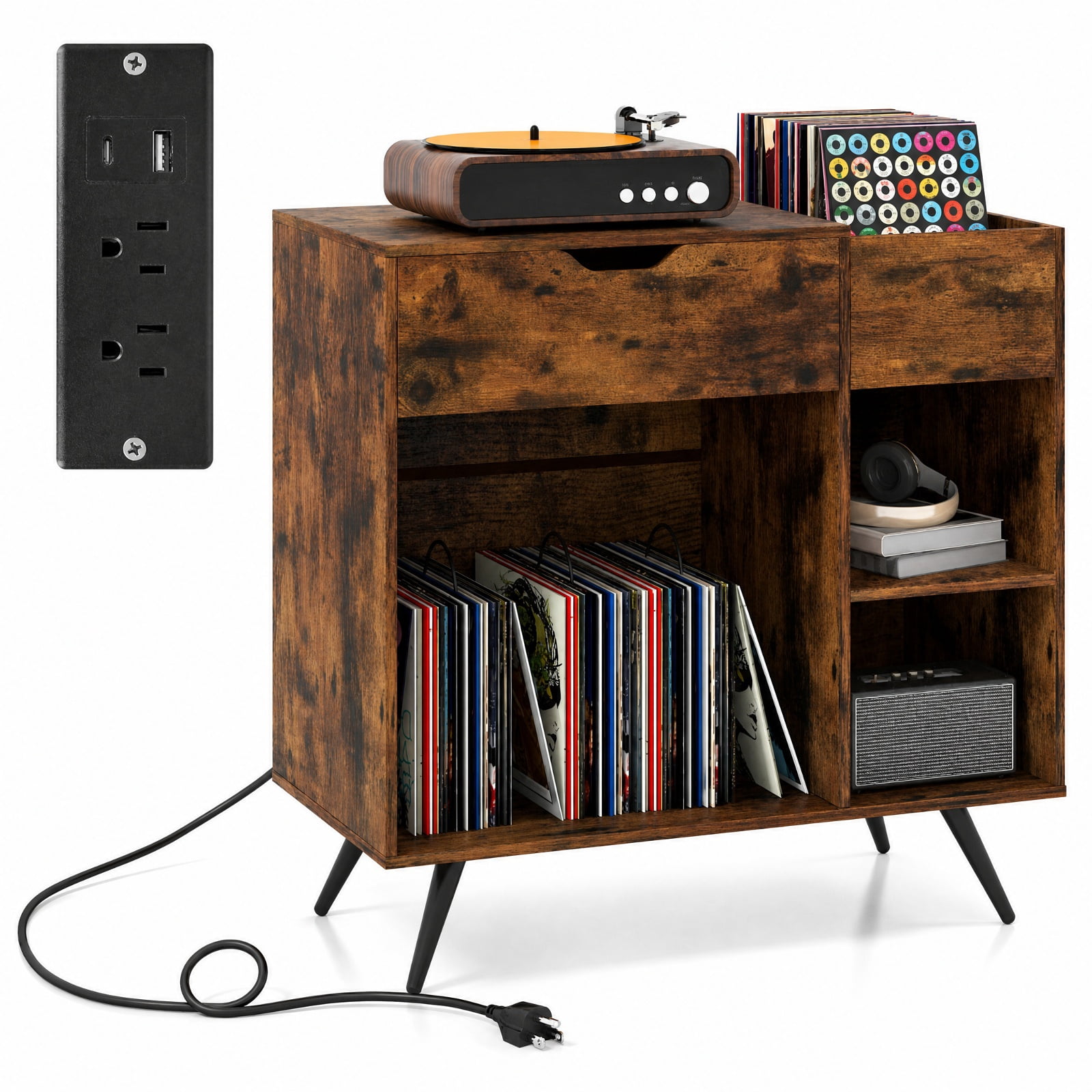 Furnibear Record Player Stand with Power Outlets USB Type-C Ports Drawer and Removable Divider Cubby for Living Room, Rustic Brown