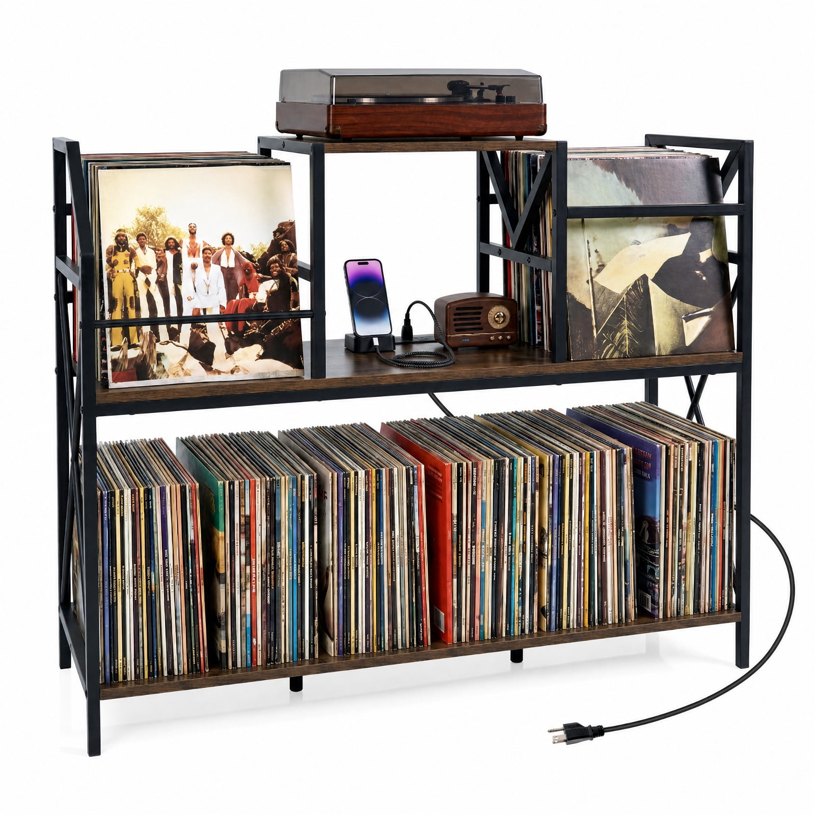 Furnibear Record Player Stand with Power Outlets Vinyl Storage and Album Dividers for Turntables Speakers and Living Room Audio, Rustic Brown