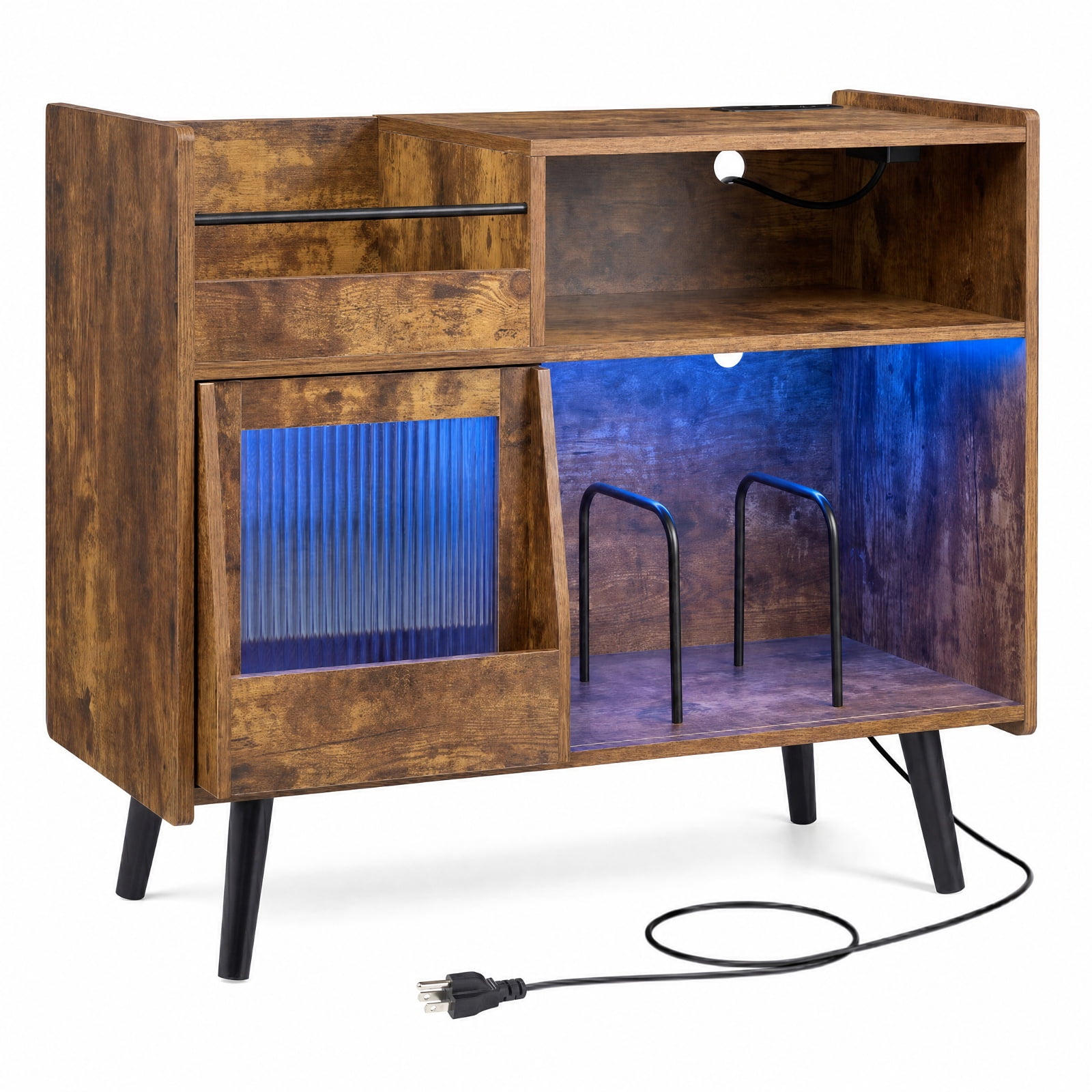 Furnibear Record Player Stand with RGB LED Light Power Outlets USB Type-C Ports and Sliding Glass Door for Living Room, Rustic Brown