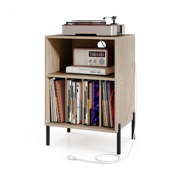 Furnibear Record Player Stand with Record Storage Shelf and Charging Station - Natural - Bedroom Accent Nightstand Furniture