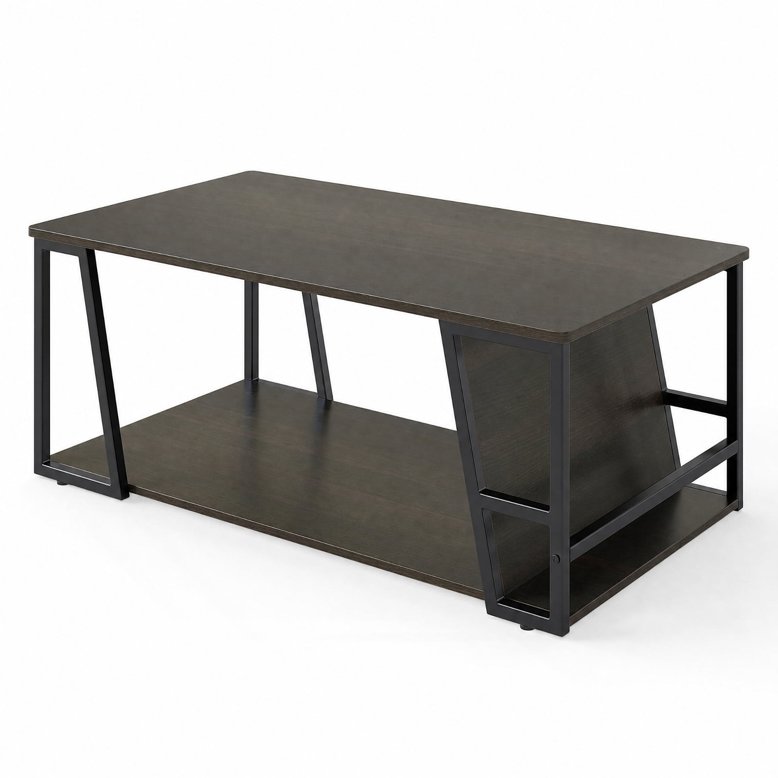 Furnibear Rectangle Industrial Coffee Table 2 Tier Accent Table with Storage Shelf and Side Compartment for Living Room, Brown