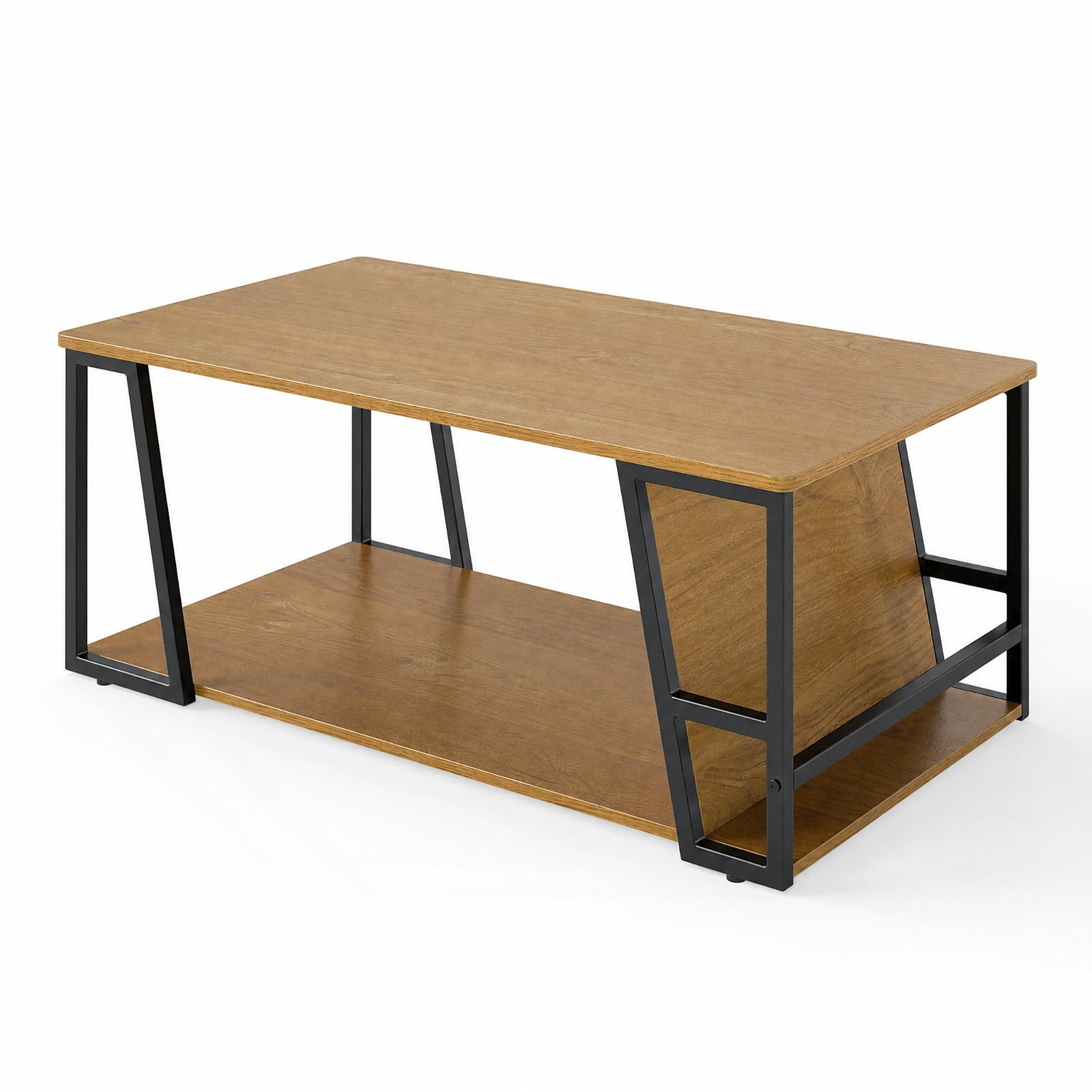 Furnibear Rectangle Industrial Coffee Table 2 Tier Accent Table with Storage Shelf and Side Compartment for Living Room, Natural