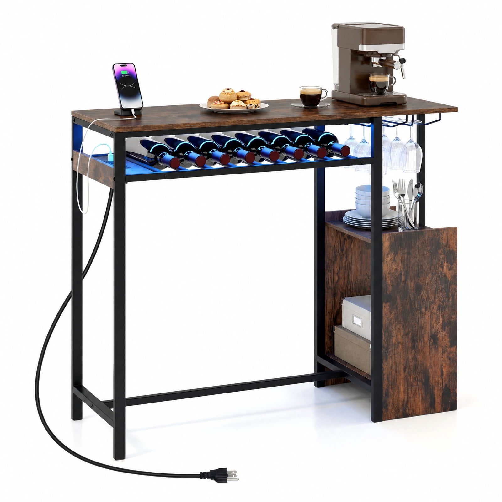 Furnibear Rectangular Bar Table with Charging Station and LED Light for Kitchen Dining Bar Bistro Pub Home Counter Height, Rustic Brown