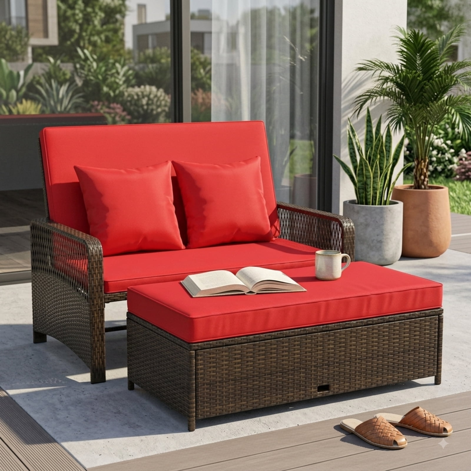 Furnibear Red Patio Wicker Daybed, 4-Position Reclining PE Rattan Loveseat with Storage Ottoman, Convertible Outdoor Sofa for Poolside, 800 LBS