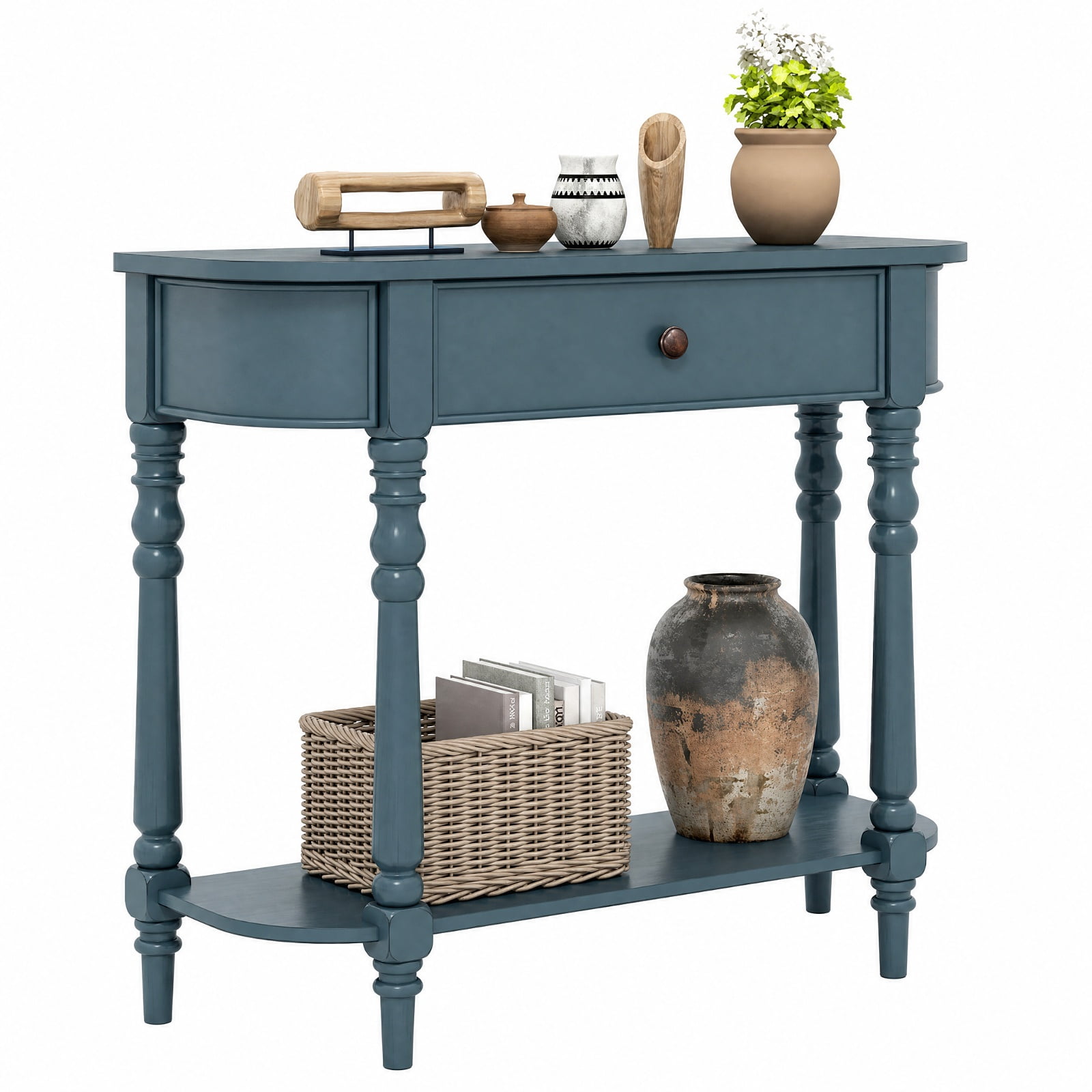 Furnibear Retro Narrow Console Table 36 Inch Wooden 2 Tier Sofa Table with Drawer for Entryway Hallway and Behind Couch, Blue