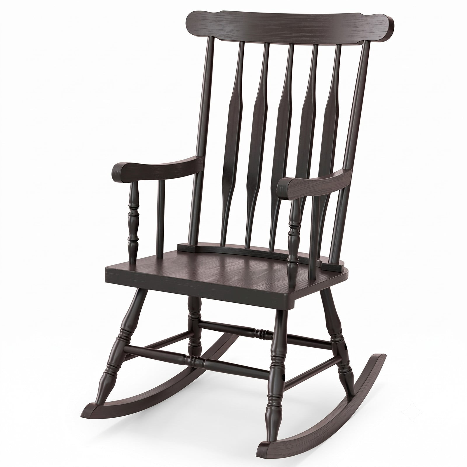 Furnibear Rocking Chair with Solid Rubber Wood Frame and Classic Spindle Back for Indoor Living Room, Front Porch and Patio, Brown
