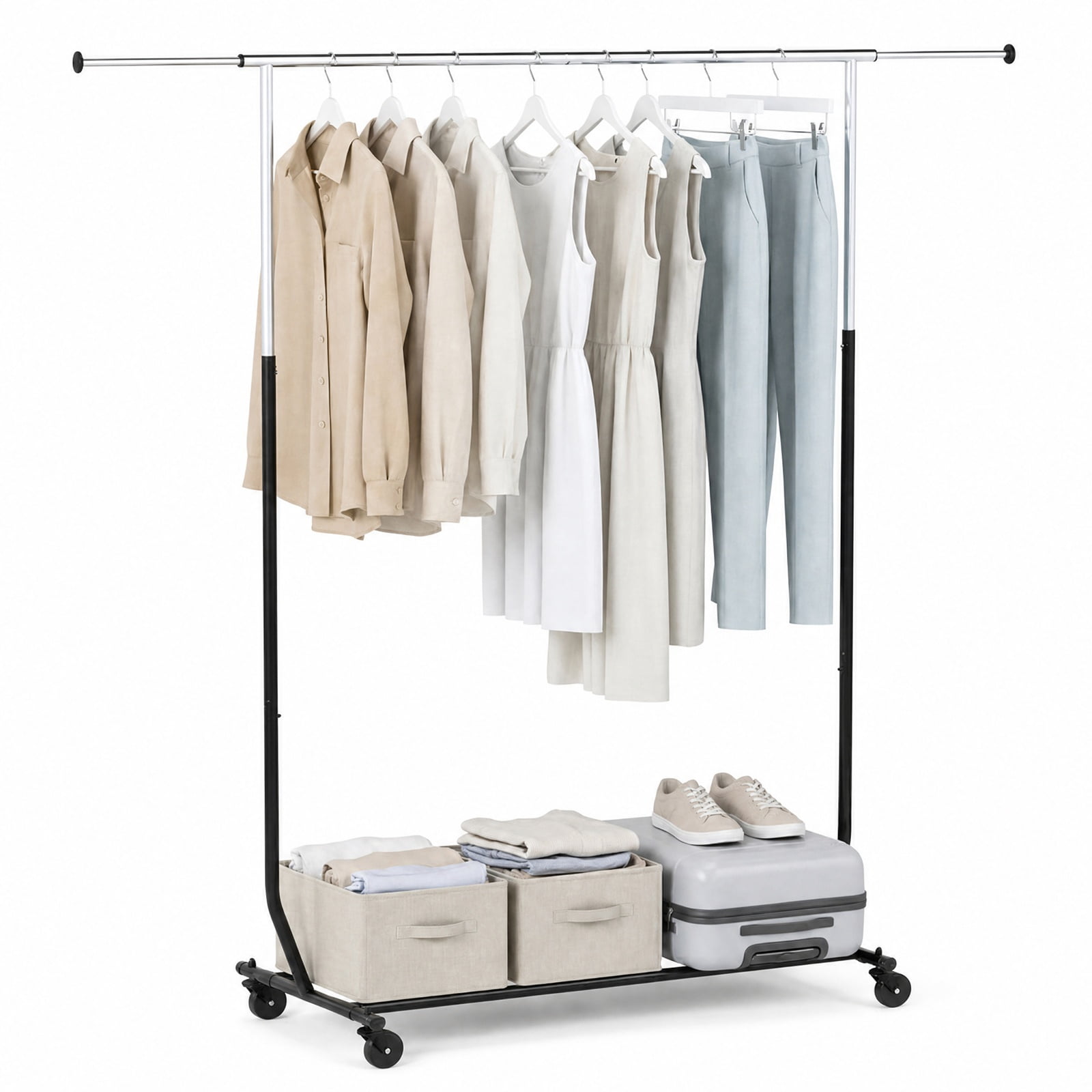 Furnibear Rolling Clothes Rack with Wheels Extendable Hanging Rod and Bottom Storage Bars Heavy Duty Metal Garment Rack for Bedroom and Laundry, Black