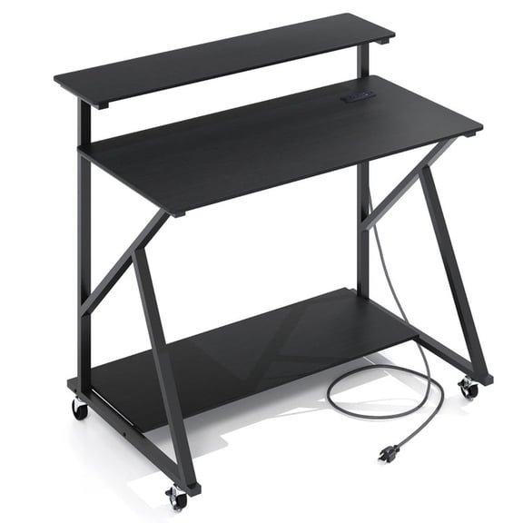 Furnibear Rolling Computer Desk Mobile Home Office Desk with Charging Station and Monitor Shelf Storage for Home Office, Black