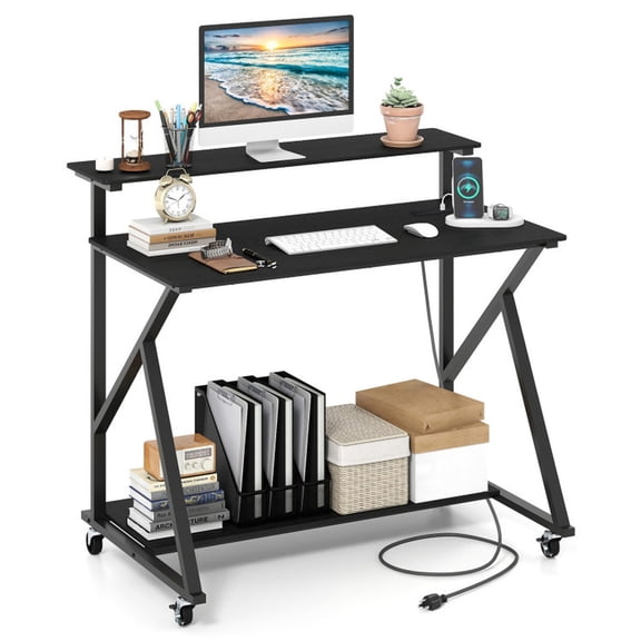 Furnibear Rolling Computer Desk with Charging Station Monitor Shelf Storage 2 Tier Mobile Home Office Workstation 330 lbs Black