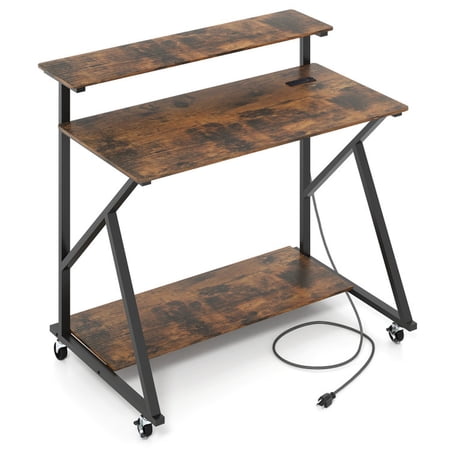 Furnibear Rolling Computer Desk with Charging Station and Monitor Shelf, Mobile Home Office Desk with Storage and Wheels, Rustic Brown