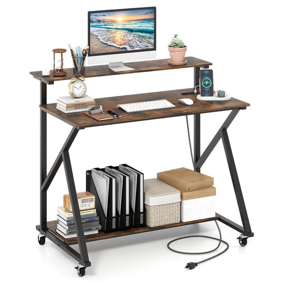 Furnibear Rolling Computer Desk with Charging Station Monitor Shelf Storage 2 Tier Mobile Home Office Workstation 330 lbs Rustic Brown