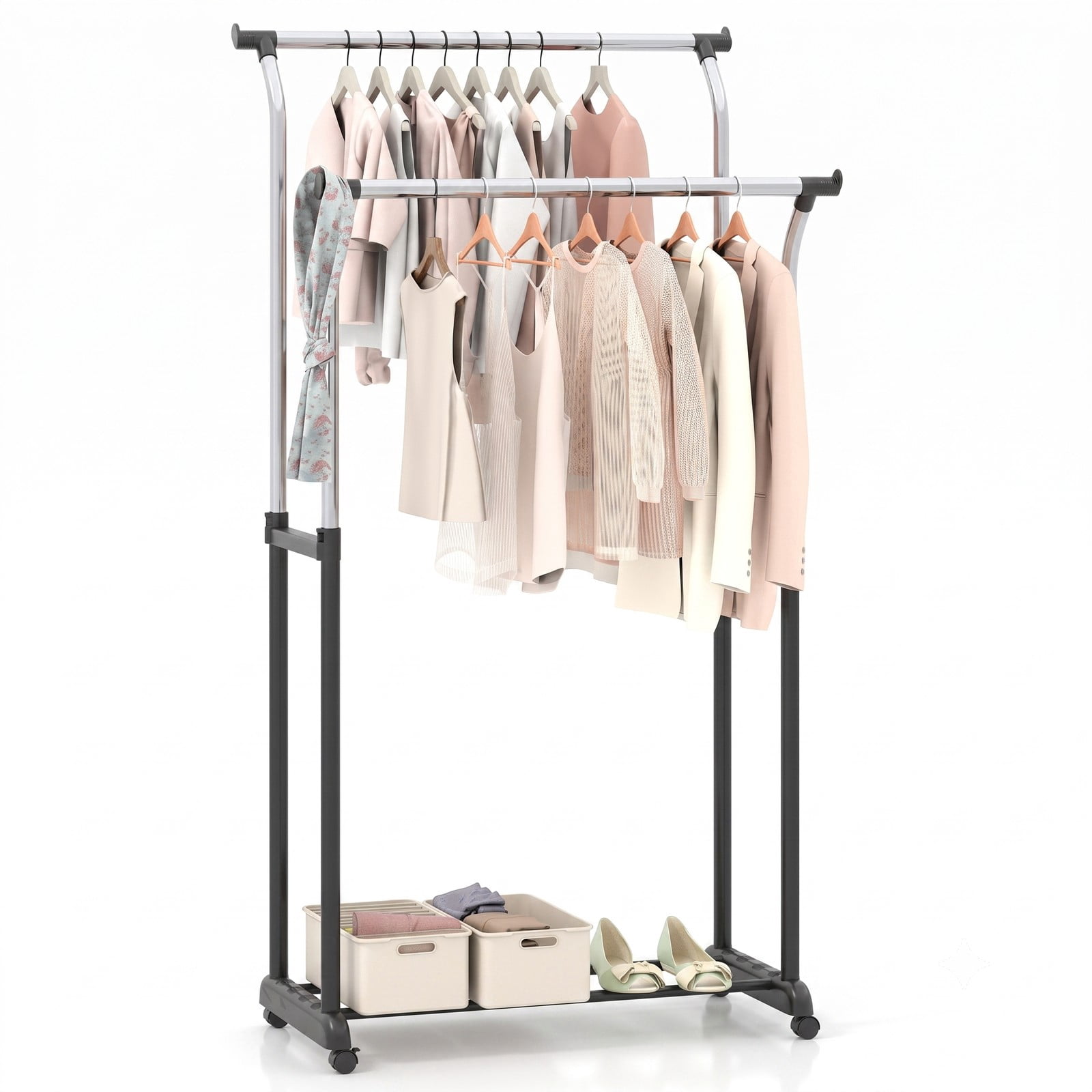 Furnibear Rolling Double Rod Garment Rack with Adjustable Height and Locking Casters for Bedroom and Closet, Black and Silver