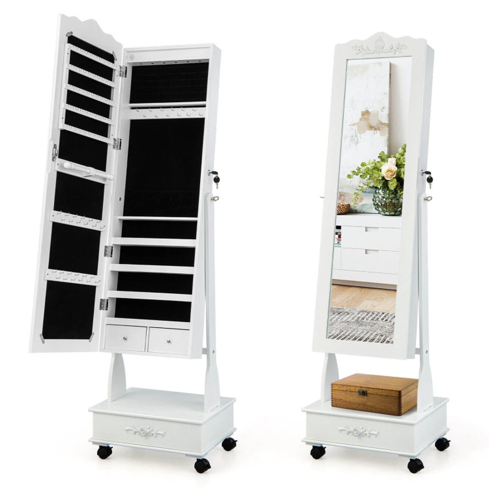 Furnibear Rolling Floor Standing Mirrored Jewelry Armoire with Lock and Drawers, White - Full Length Mirror Cabinet for Rings Necklaces Earrings