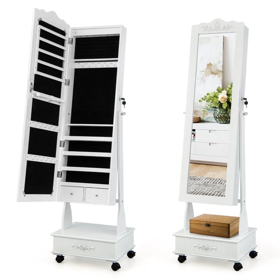 Furnibear Rolling Floor Standing Mirrored Jewelry Armoire with Lock and Drawers, White - Full Length Mirror Cabinet for Rings Necklaces Earrings