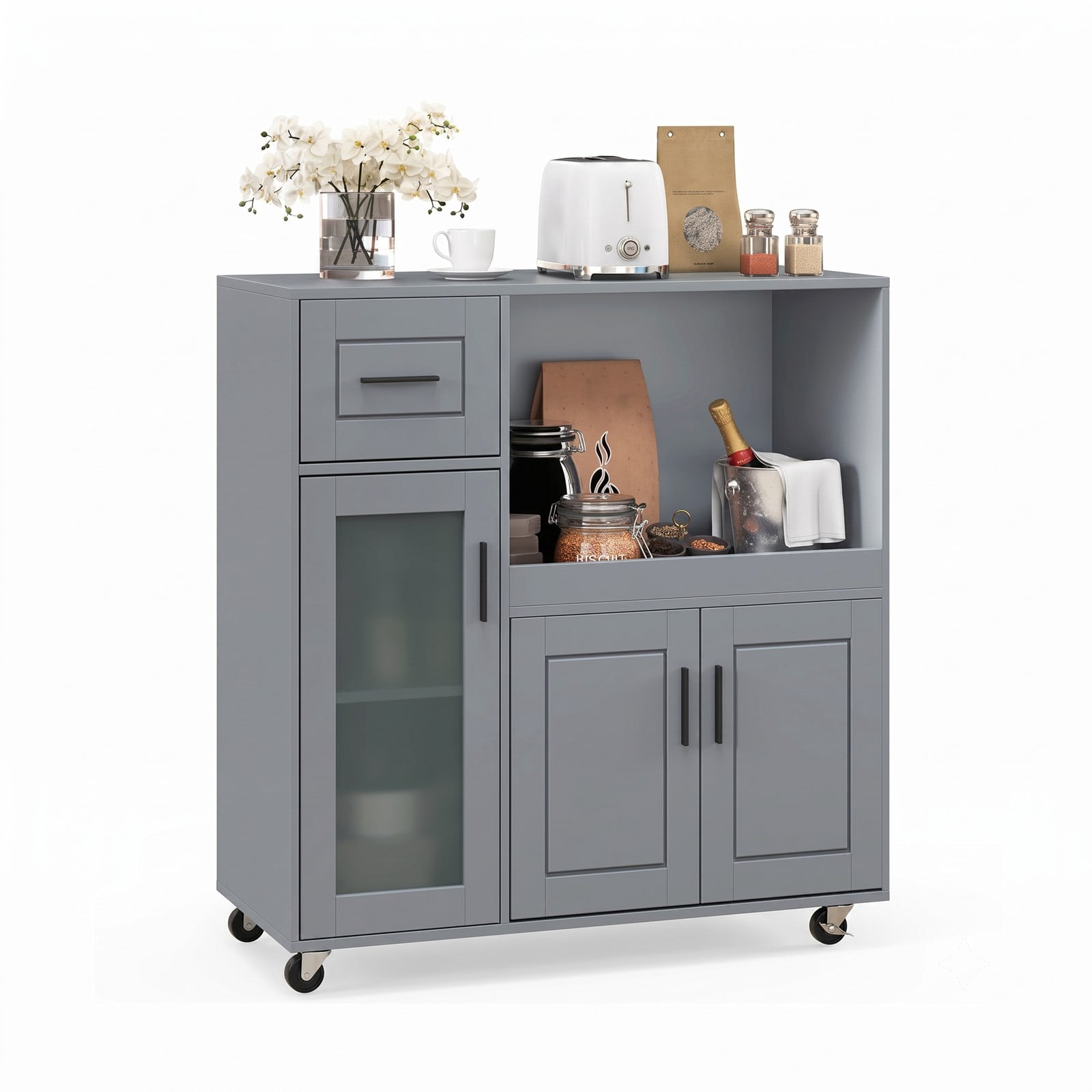 Furnibear Rolling Kitchen Island Cart with Wheels, Drawer, Frosted Glass Door Cabinet and Adjustable Shelf, Mobile Storage Trolley for Kitchen Dining Room, Gray