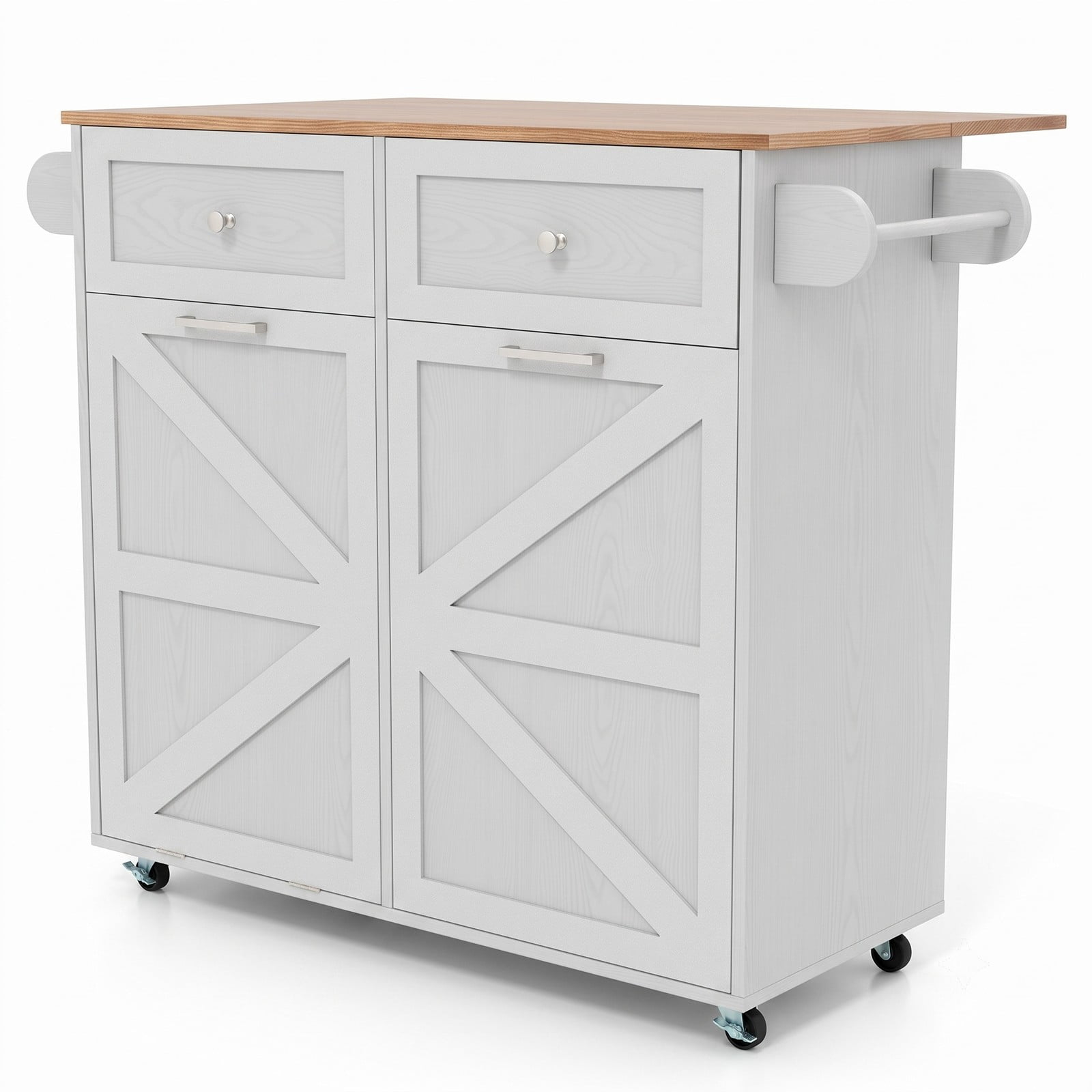 Furnibear Rolling Kitchen Island with Trash Can Cabinet, Drop Leaf Kitchen Cart with 2 Drawers, Spice and Towel Rack, Rubber Universal Wheels for Dining Room, Grey