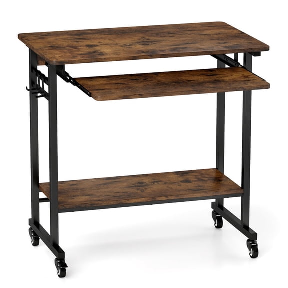Furnibear Rolling Laptop Desk Mobile Computer Cart with Pull Out Keyboard Tray 3 Removable Hooks Bottom Storage Shelf and 4 Locking Casters for Home Office, Rustic Brown